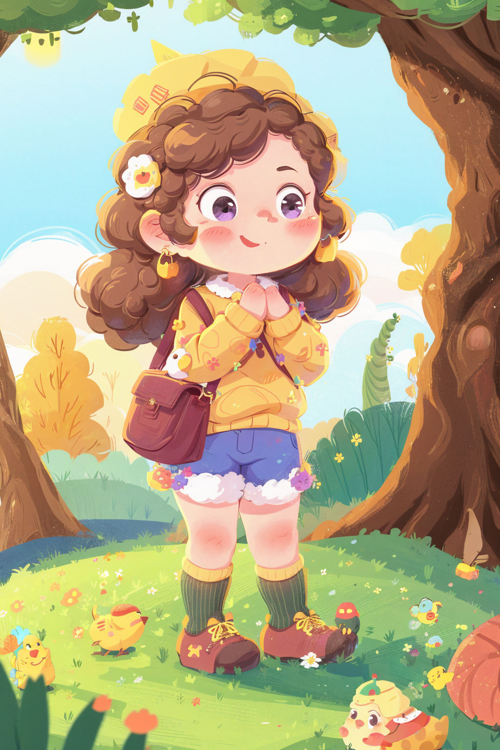 03526-2751132396-1girl,solo,brown hair,yellow headwear,shorts,hat,long sleeves,earrings,smile,jewelry,full body,shoes,standing,socks,own hands to.png